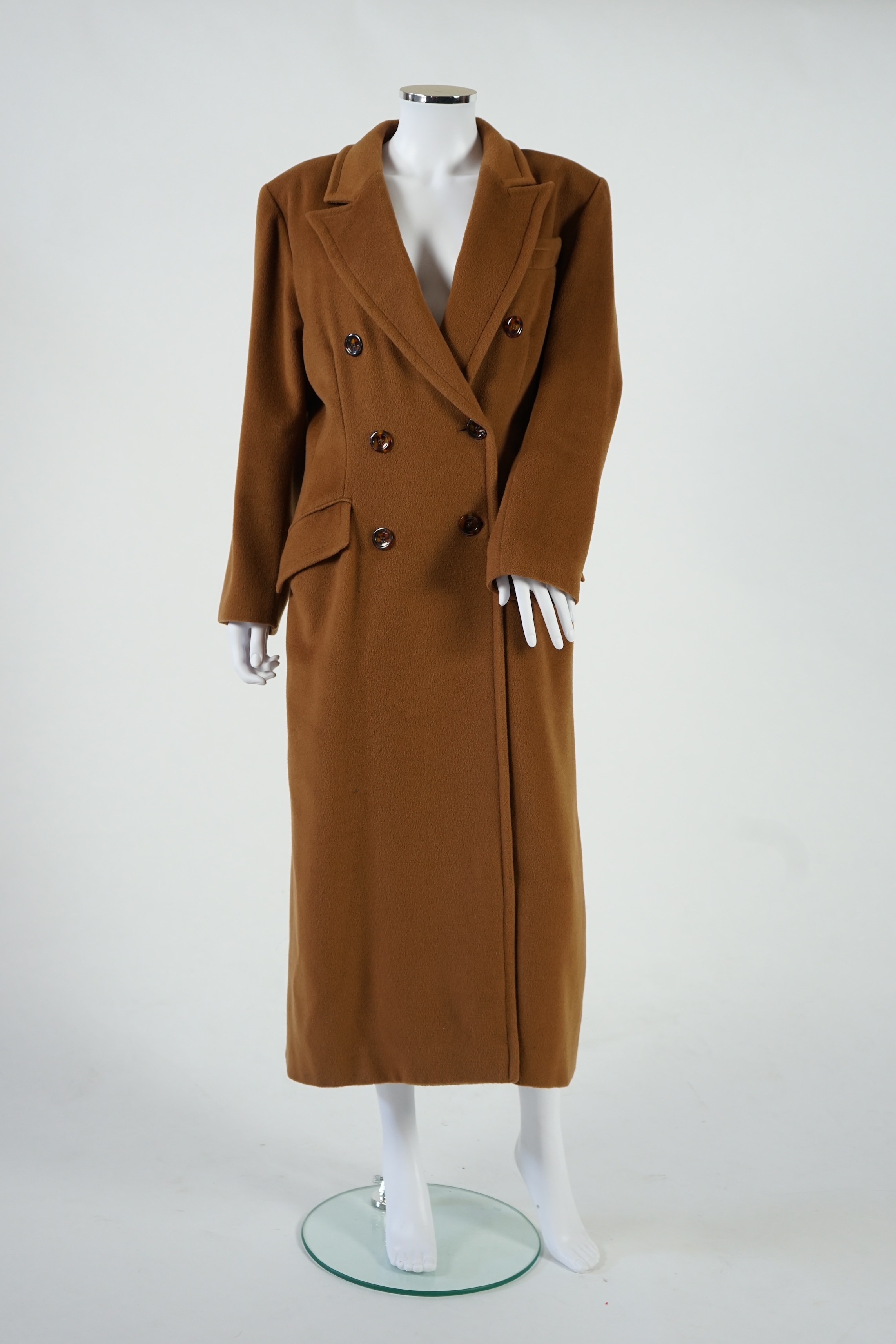 A vintage Yves Saint Laurent variation lady's dark tan double breasted wool long coat, F 40 (UK 12). Proceeds to Happy Paws Puppy Rescue